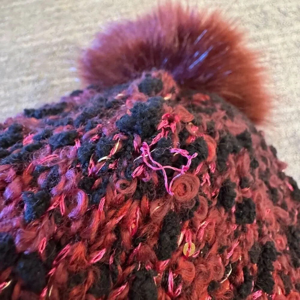 Express Women's Maroon Red Black Sparkle Knit Pom Faux Fur Beanie